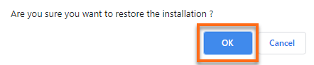 Instalador de aplicaciones Softaculous: ventana emergente de confirmación de restauración de copia de seguridad